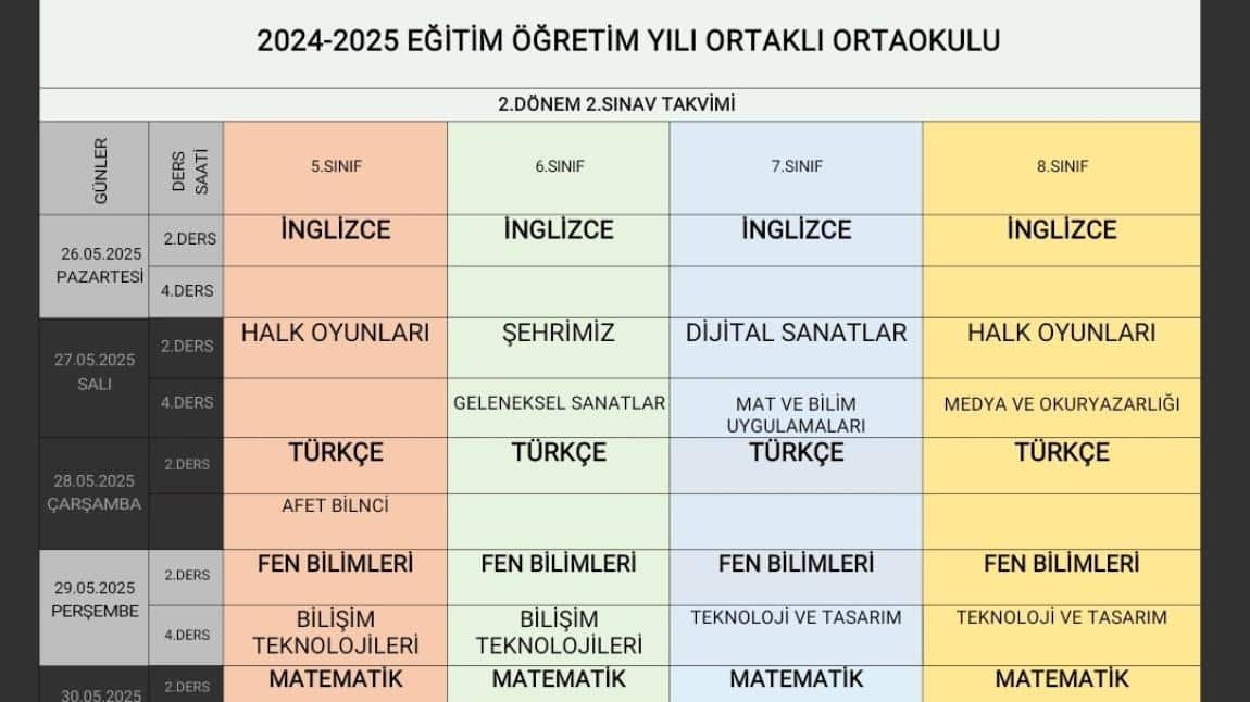 2. Dönem 2. Ortak Sınav Tarihleri 